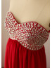 Strapless Sweetheart Red Chiffon Crystals Prom Dress